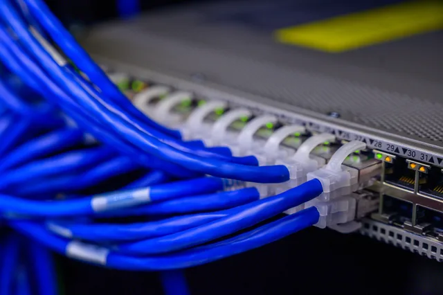 Detailed view of blue ethernet cables connected to a network switch in a data center. Decentralized networks search: what catalogs should record